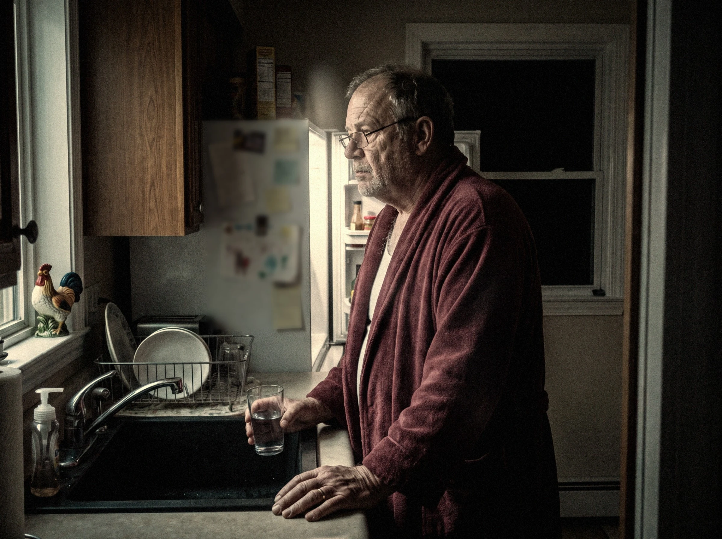 3 a.m. at the dark kitchen sink, glass of water, fridge light