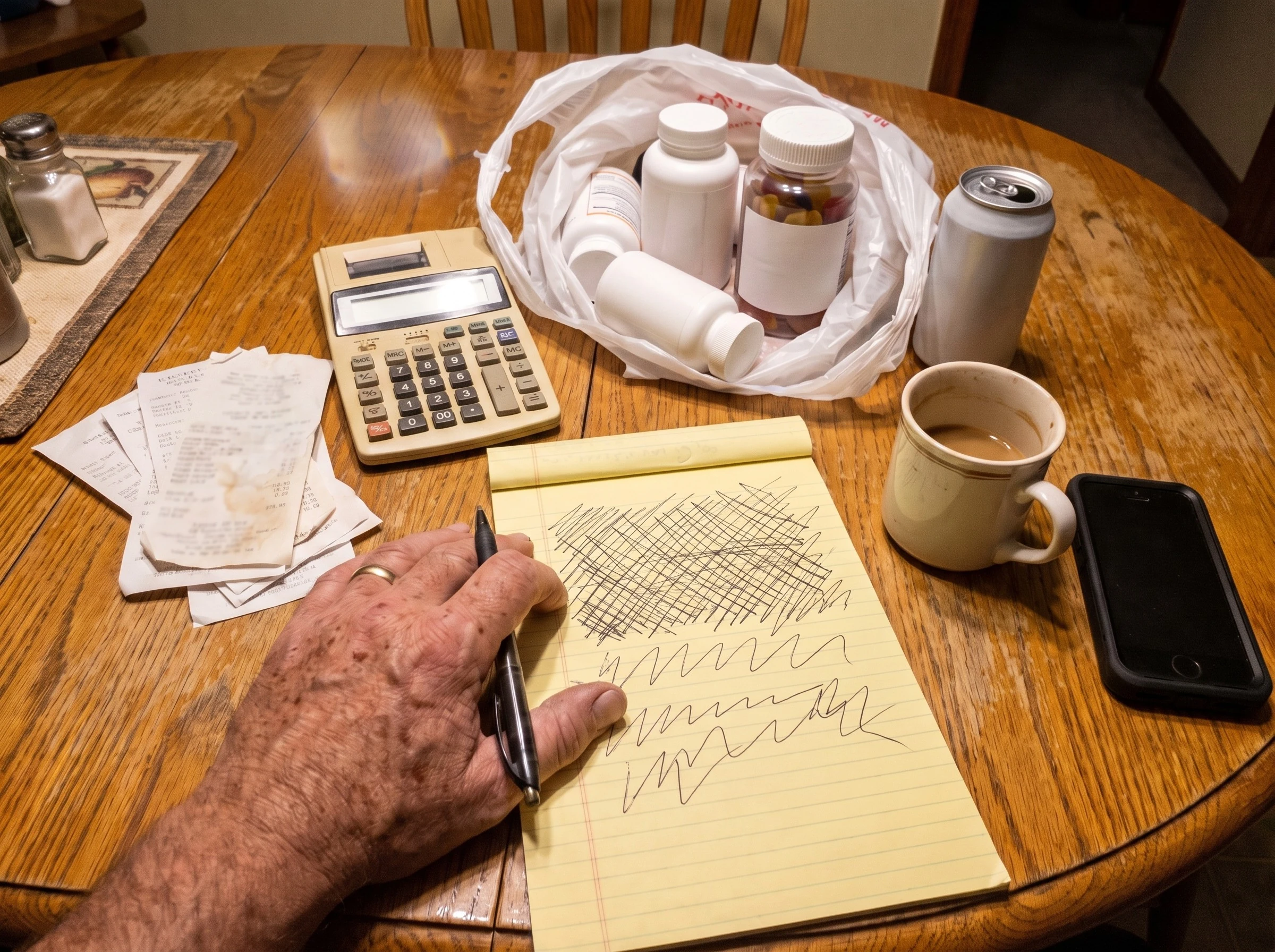 Night kitchen table, legal pad tally, calculator, bag of returned stuff