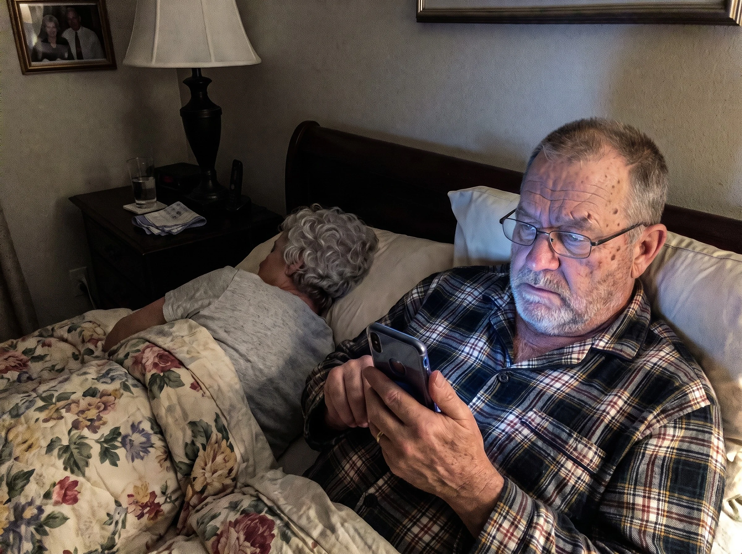 In bed beside sleeping Diane, face lit by phone