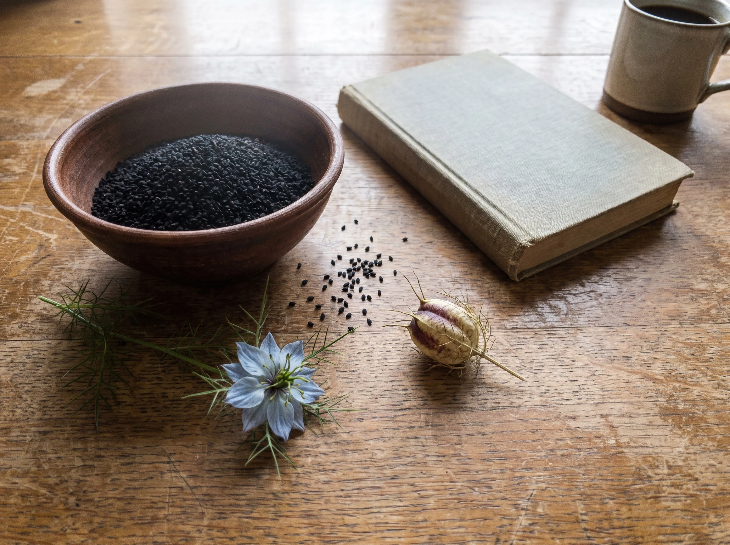 Clay bowl of black seeds + Nigella flower + pod