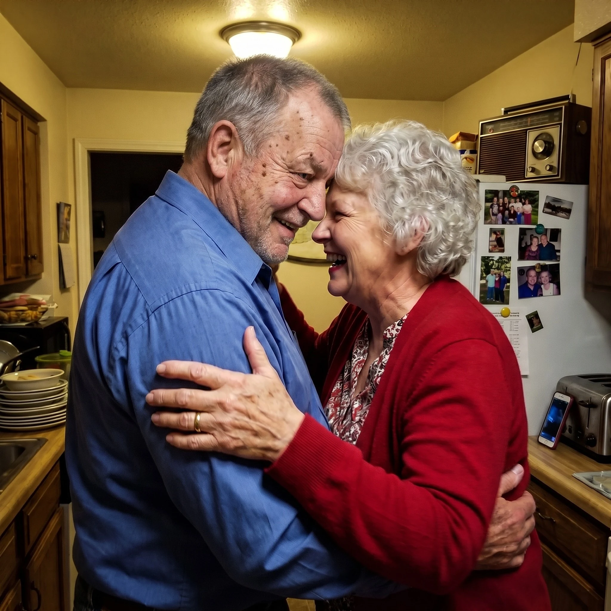 Walt & Diane slow-dancing, laughing in the kitchen, evening