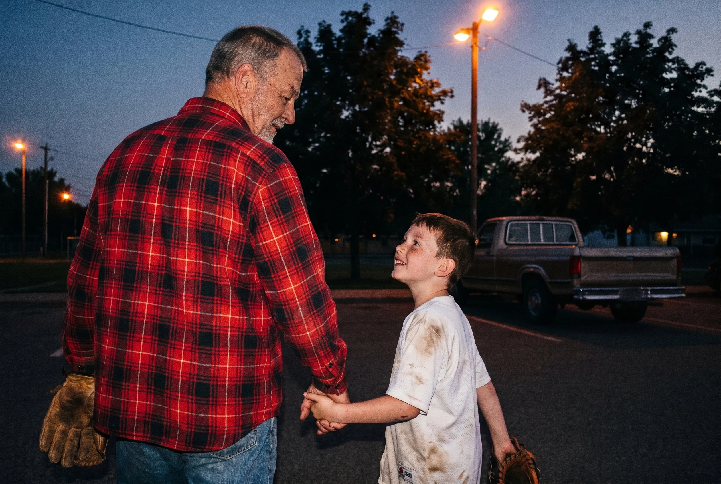 Walt & Tyler walking to the car hand in hand at dusk