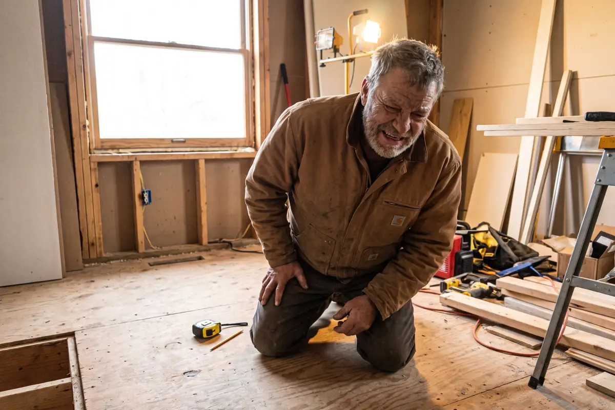 Frank kneeling on a job site subfloor, hand on his knee