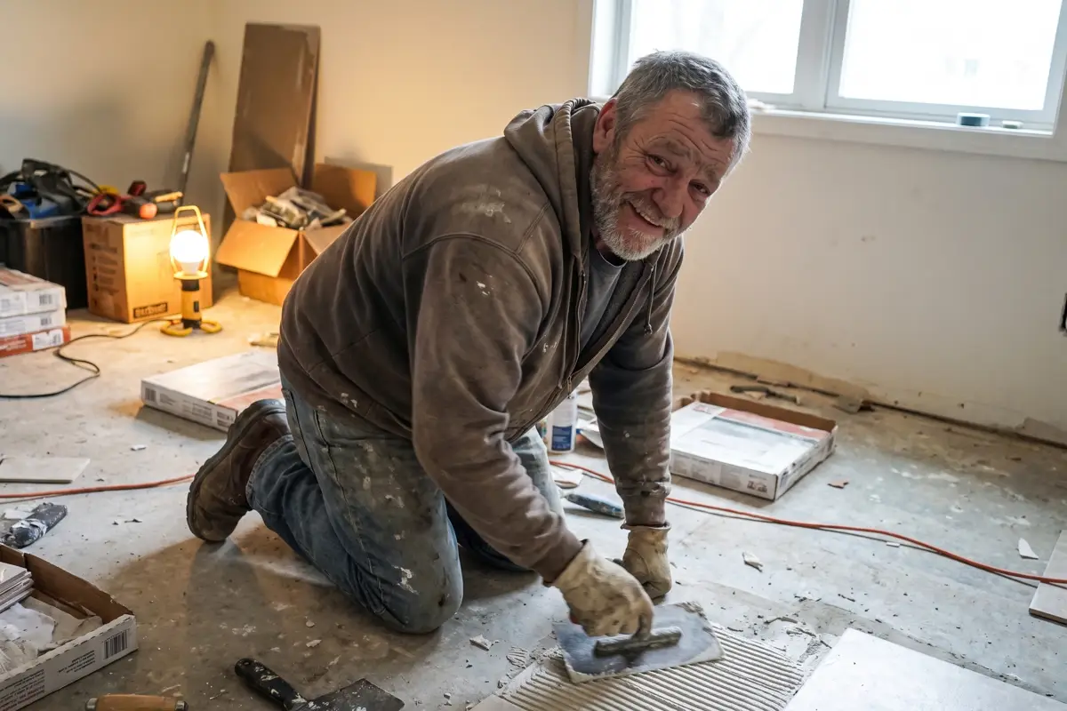 Frank kneeling to set floor tile, smiling
