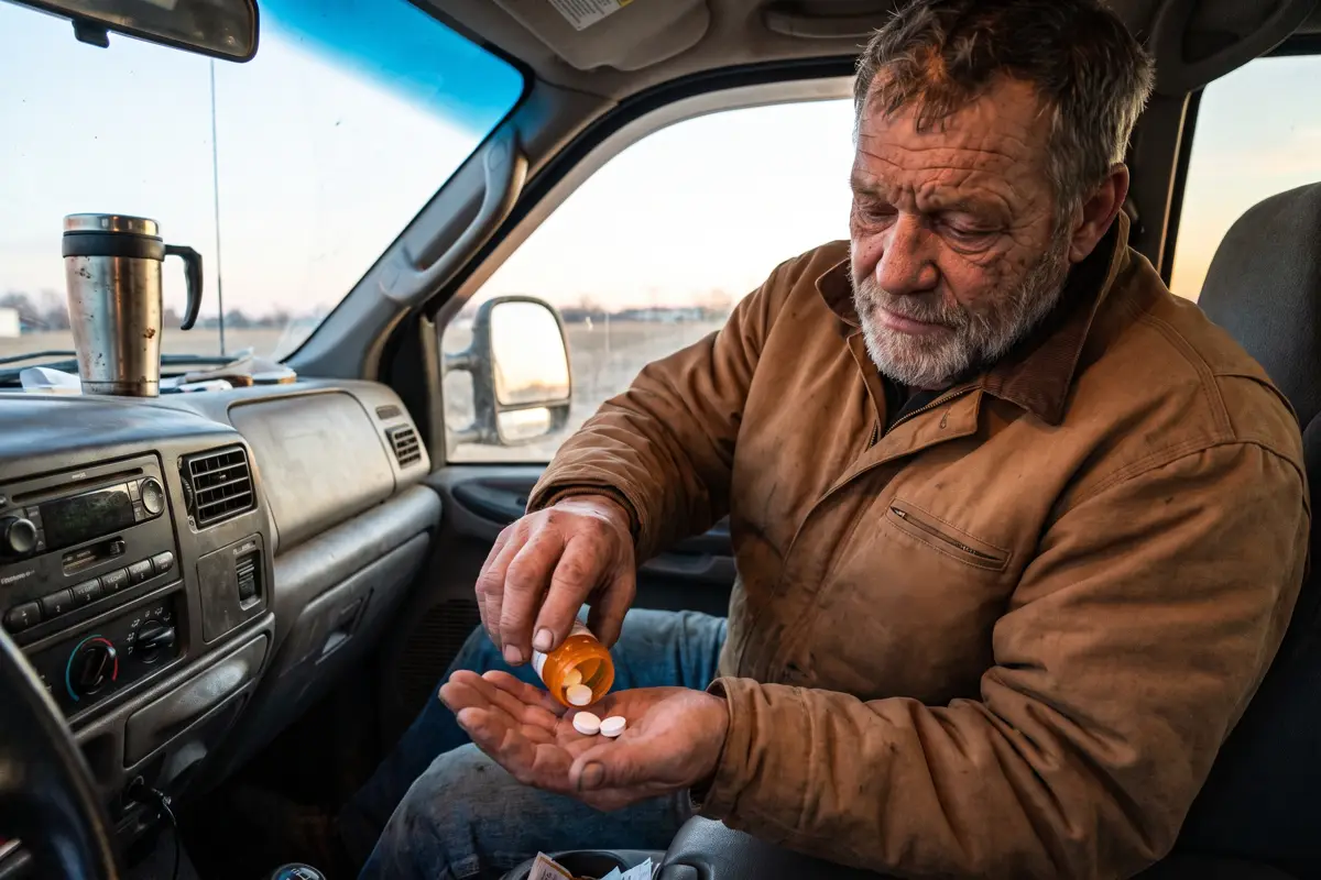 Frank shaking pills into his hand in his truck before work